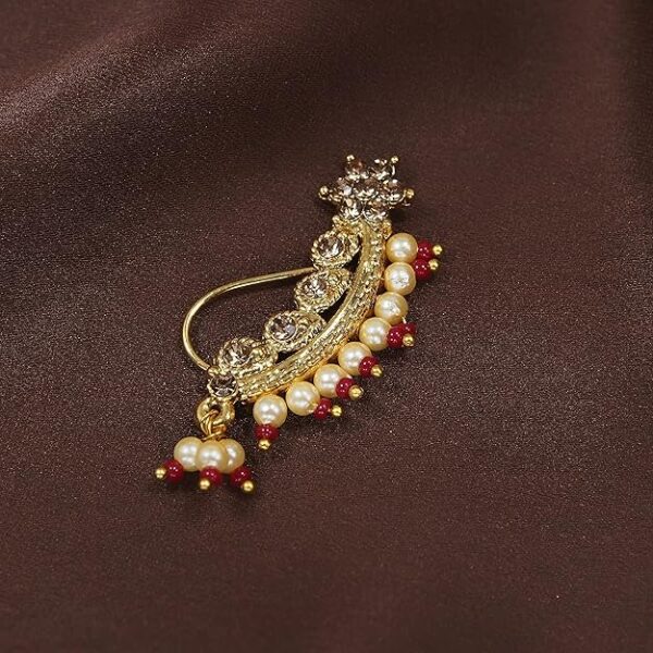 I Jewels 18k Gold Plated Traditional Ethnic Bridal Maharashtrian Nose Ring/Nath without piercing Encased with Pearl Stone for Women/Girls (NL45) - Image 3