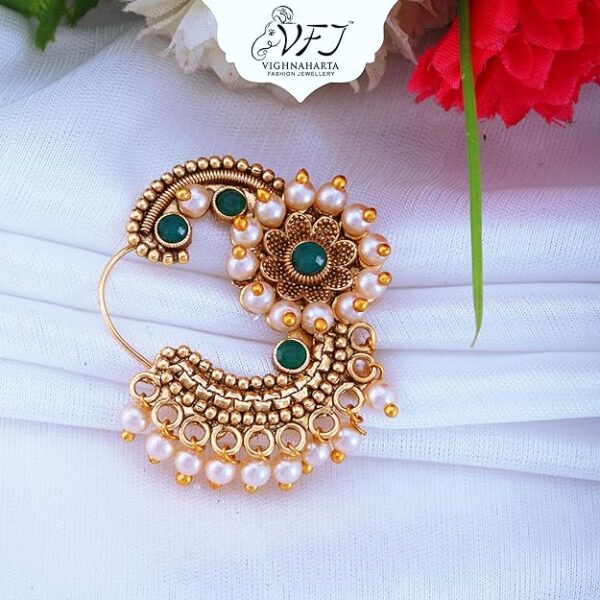 Vighnaharta Gold Plated Green Om shape Moti Pearls with and CZ stone Alloy Maharashtrian Cultural Nath Nathiya./ Nose Pin for women[VFJ1250NTH-TAR - Image 3