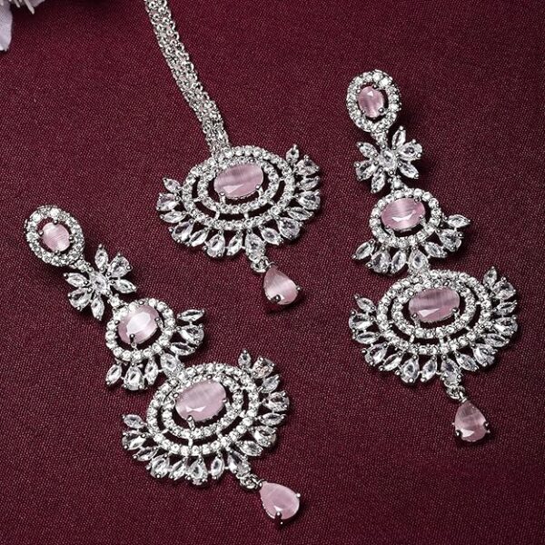 ZENEME Rose Gold Plated American Diamond Studded Maang Tikka & Earrings Jewellery Set For Woment and Girl - Image 5