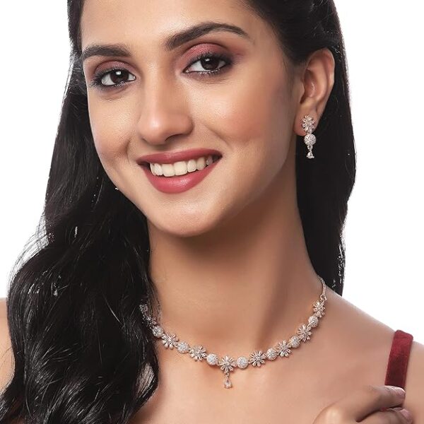 ZENEME Rhodium Plated Silver Toned White American Diamond Studded Necklace With Earring Jewellery Set For Woment and Girl - Image 5