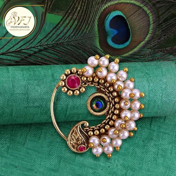Vighnaharta Multi CZ stone and Pearls moti Nath Nathiya./ Nose Pin for women VFJ1274NTH-PRESS - Image 2