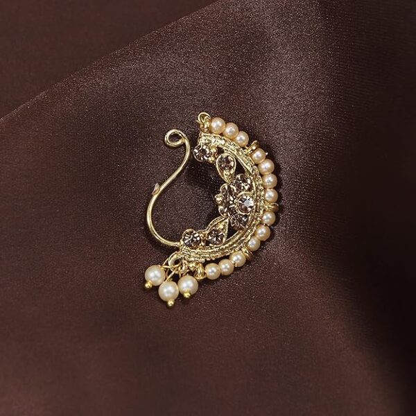 I Jewels 18k Gold Plated Traditional Ethnic Bridal Nose Ring/Nath without piercing Encased with Pearl Stone for Women/Girls (NL46FL) - Image 3