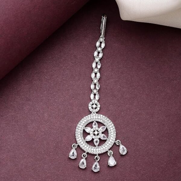 Zeneme Elegant Silver Plated Beautiful American Diamond & CZ Studded Crystal Maang Tikka for Women and Girls - Image 4