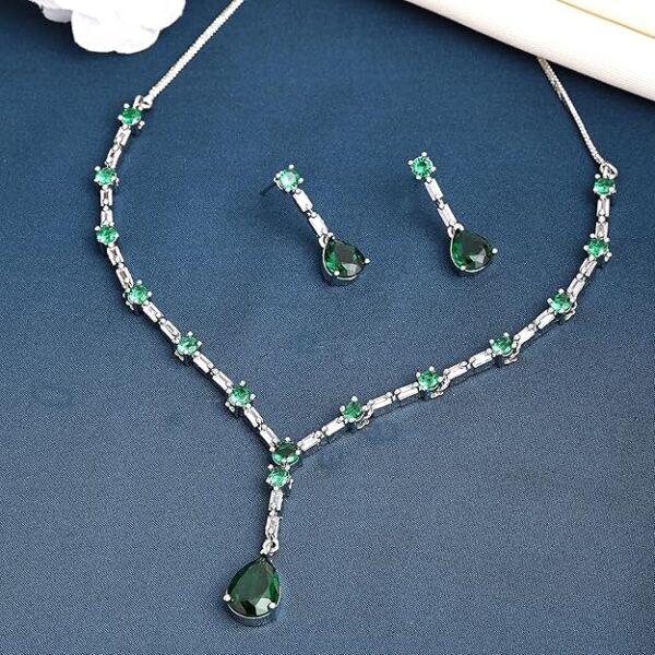 ZENEME Jewelry Luxury Green American Diamond Crytal Sleek Silver Plated Necklace Jewellery Set For Women & GIfts For Girls - Image 6
